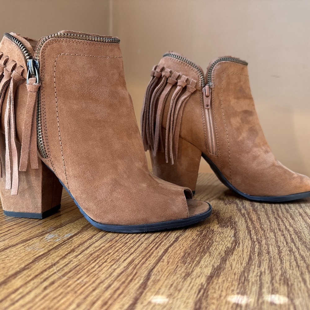 DV by Dolce Vita Tan Suede Fringe Heeled Boots - Picture 1 of 16